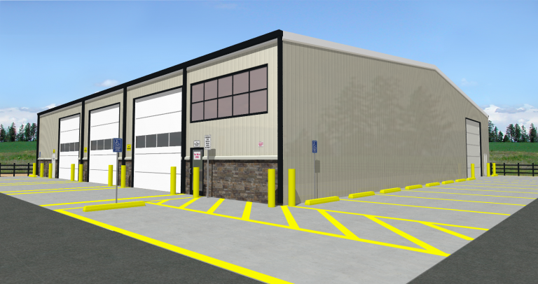 Artistic rendering of a steel heavy repair building design in Youngsville, North Carolina. Each steel building design shown here is owned and commissioned by Inco Steel Buildings Inc in Rolesville, North Carolina.