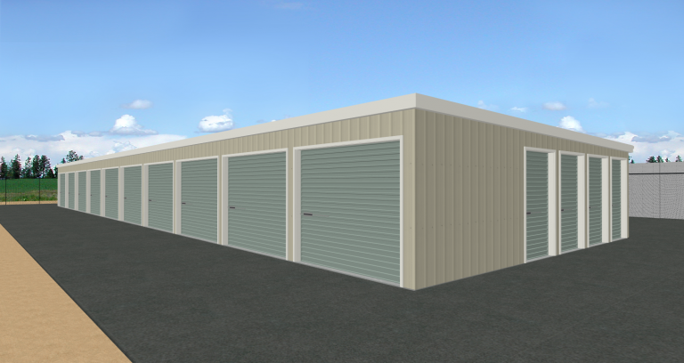 Artistic rendering of a steel self-storage building in Garner, North Carolina. Each steel building design shown here is owned and commissioned by Inco Steel Buildings Inc in Rolesville, North Carolina.
