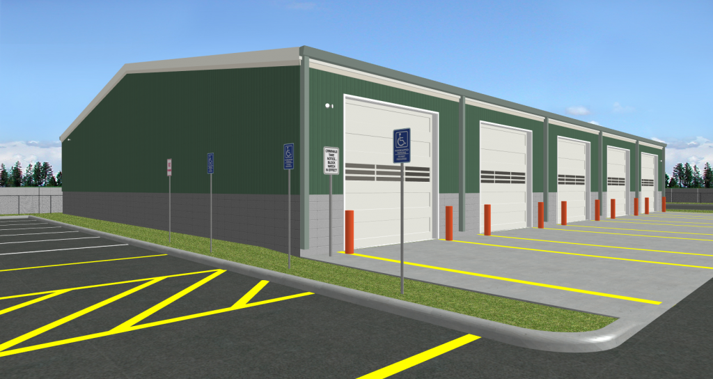Artistic rendering of a steel heavy truck repair building design in Youngsville, North Carolina. Each steel building design shown here is owned and commissioned by Inco Steel Buildings Inc in Rolesville, North Carolina.