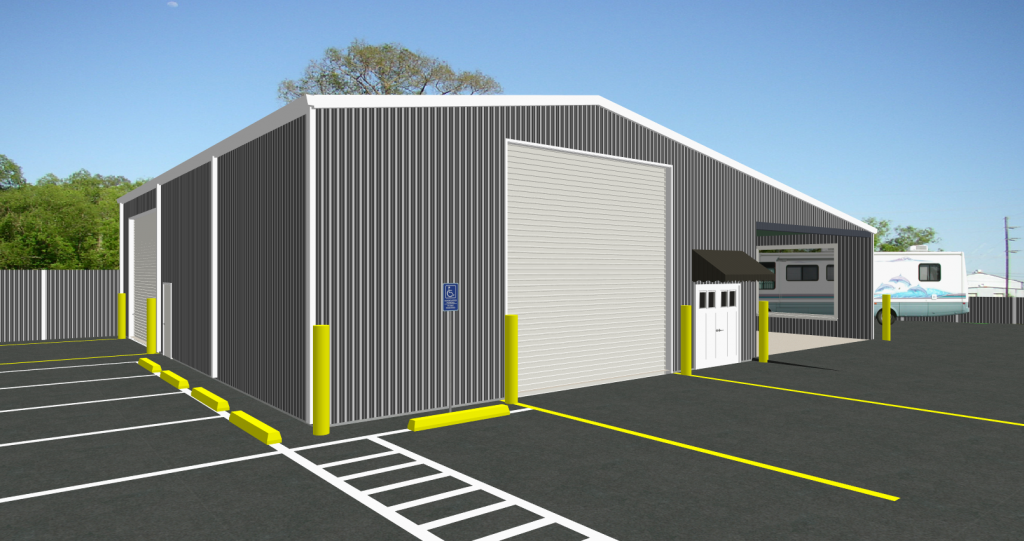 Artistic rendering of a steel Auto Service Building Design in Wake Forest, North Carolina. Each steel building design shown here is owned and commissioned by Inco Steel Buildings Inc in Rolesville, North Carolina.