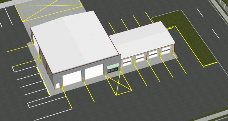 Artistic rendering of an RV Service Center building in Raleigh, North Carolina. Each steel building design shown here is owned and commissioned by Inco Steel Buildings Inc in Rolesville, North Carolina.