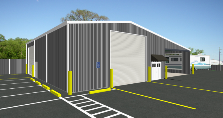 Artistic rendering of a proposed auto repair building - Steel building designs are owned by and commissioned by Inco Steel Buildings Inc based in Rolesville, North Carolina.
