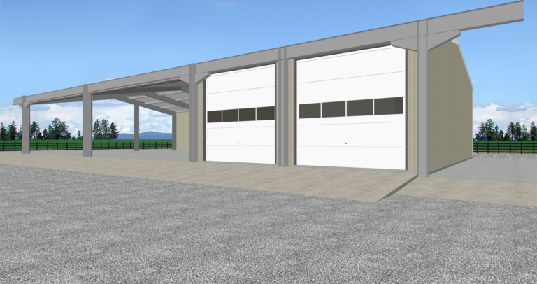 Artistic rendering of a proposed farming equipment shed - Each steel building design shown here is owned and commissioned by Inco Steel Buildings Inc in Rolesville, North Carolina.