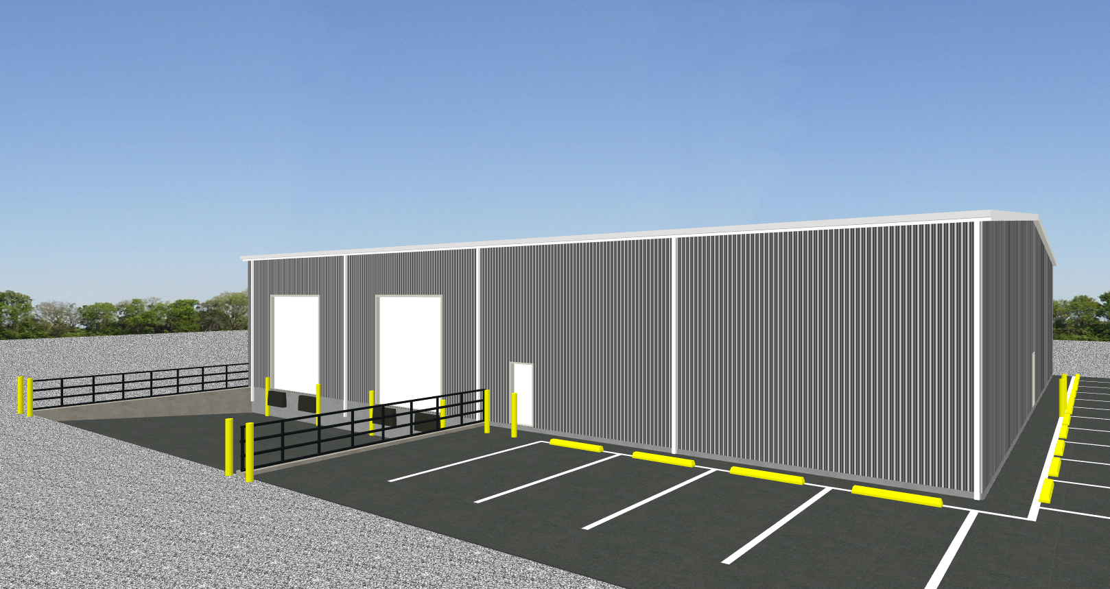 Artistic rendering of an industrial warehouse with loading docks - Each steel building design shown here is owned and commissioned by Inco Steel Buildings Inc in Rolesville, North Carolina.