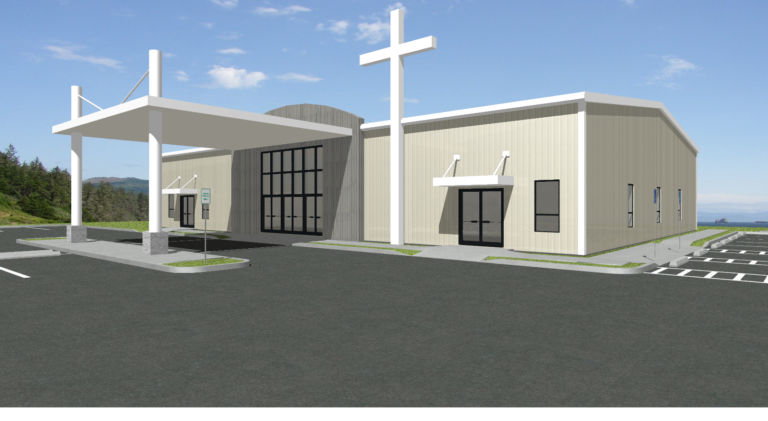 Artistic rendering of a proposed steel ecclesiastical church building - Steel building designs are owned by and commissioned by Inco Steel Buildings Inc based in Rolesville, North Carolina.