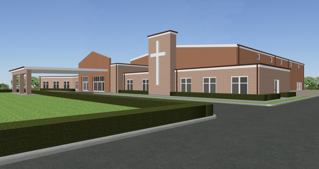 Artistic rendering of a proposed church building addition - Each steel building design shown here is owned and commissioned by Inco Steel Buildings Inc in Rolesville, North Carolina.