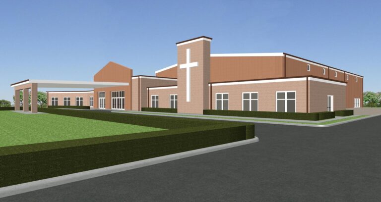 Artistic rendering of a proposed church building addition - Each steel building design shown here is owned and commissioned by Inco Steel Buildings Inc in Rolesville, North Carolina.