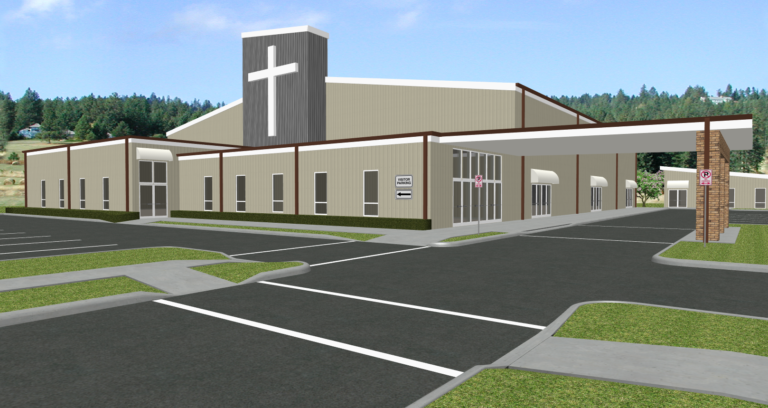 Artistic rendering of a proposed church steel building - Every building design featured is owned by and commissioned by Inco Steel Buildings Inc based in Rolesville, North Carolina.