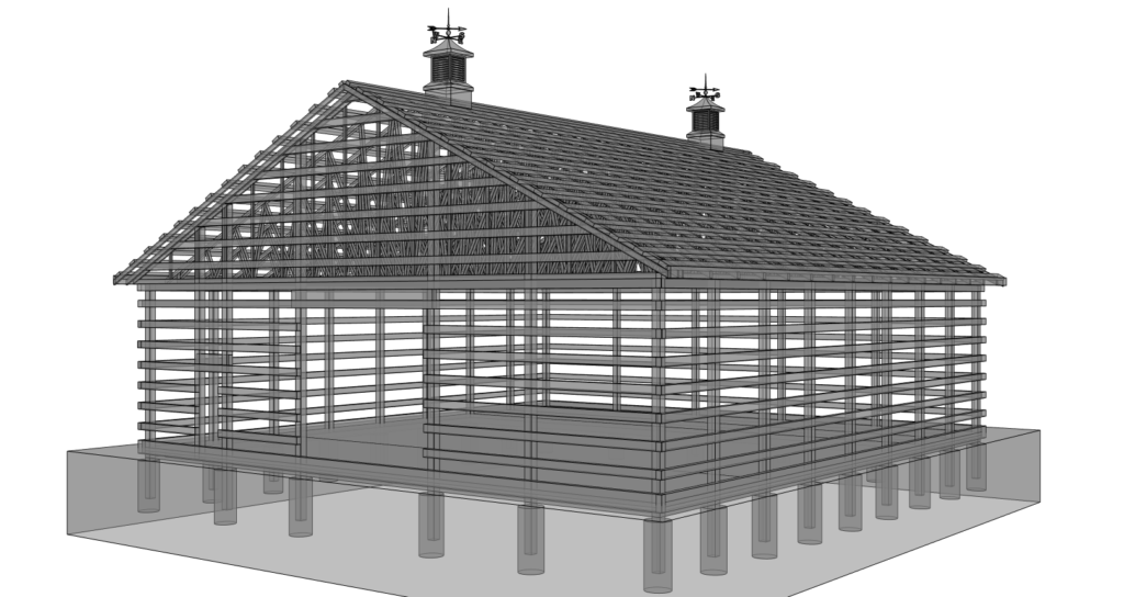Completed AutoCAD architectural layout rendering of a proposed custom wood-frame post-frame horse stable in Wake Forest, North Carolina by builder John Inman and Inco Steel Buildings.