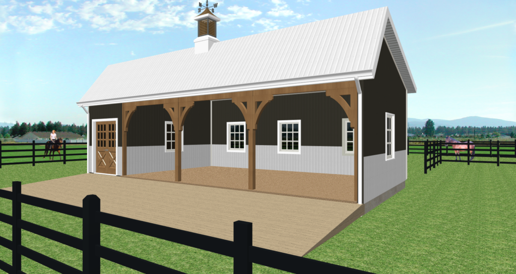 Completed AutoCAD architectural layout rendering of a proposed SolidStud™ wood-frame post-frame horse run-in shed in Wake Forest, North Carolina by builder John Inman and Inco Steel Buildings.