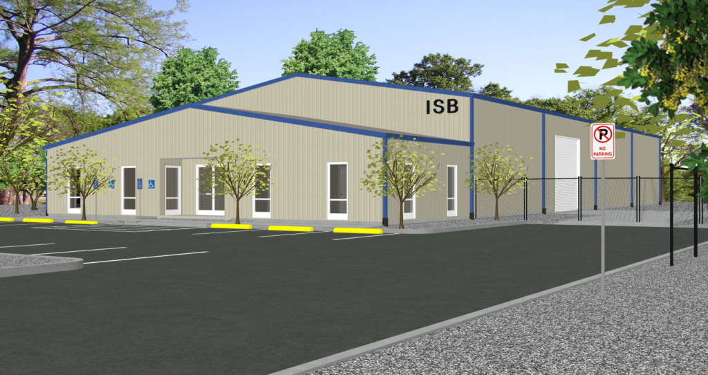 Exterior concept layout of a proposed pre-engineered steel warehouse. The front endwall extension includes premium trim and a walk-in entry door that opens into a spacious administrative layout featuring 9 offices, including a dedicated reception area with a sliding security window.